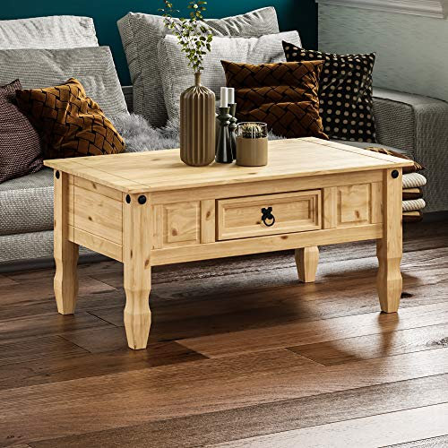 Amazon Basics Coffee Table with Drawer, Rectangular, Waxed Solid Pine Wood, Traditional, Rustic, 56 x 94 x 45