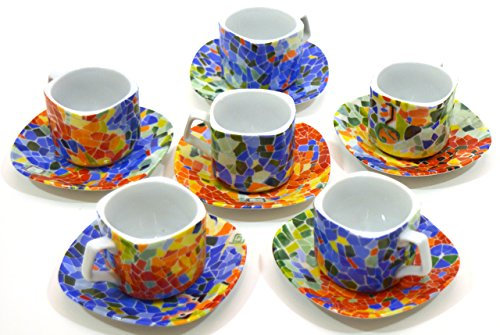 ART ESCUDELLERS Set mit 6 Merlin Tassen mit Untertasse aus Porzellan, verziert in Trencadi im Gaudí-Stil, 25 cm x 6,5 cm x 21 cm