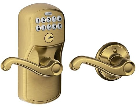 Schlage Electronic Keypad Lock, Lever Handle, Plymouth Trim, Antique Brass