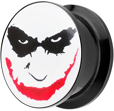 Piersando Ohr Plug Piercing Kunststoff Motiv Comic Picture Flesh Tunnel Ohrplug mit Joker Face Schwarz Weiß Rot 14mm