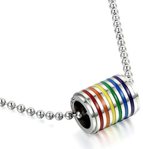 JewelryWe LGBT Halskette Gay Pride Schmuck: Edelstahl Regenbogen Streifen Gestreift Zylinderrollen Tunel Perle Anhänger Homosexuell LGBT Gay & Lesbian Pride Kette 61.5cm Länge Silber Mehrfarbig