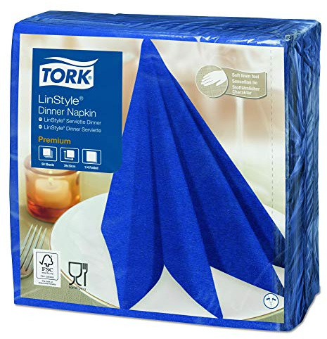 Tork 478856 Premium Linstyle Midnight Blue Dinner Napkin / 1 Ply Absorbent Unprinted Serviette in Dark Blue / 12 x 50 Sheets (WxL: 19.5cm x 19.5cm)