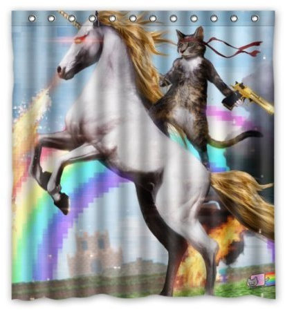 BBFhome Personalisierte Lustige Einhorn und Katze Duschvorhang, inklusive Dusche Ringe 100% Polyester Wasserdicht 180 x 180 cm