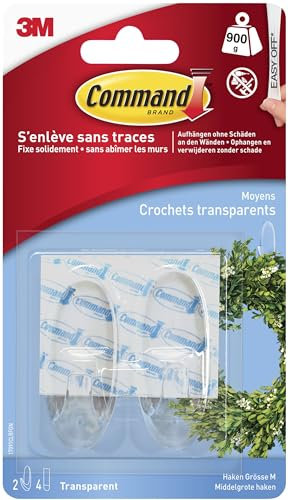 Command Klebehaken, 2 Haken + 4 Strips, Transparent, selbstklebend, Aufhängen ohne Bohren, Haltekraft 900g