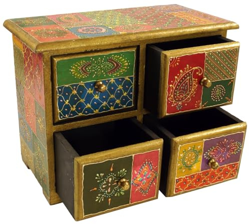 Kleines Apothekerschränkchen, handbemaltes Schubfachschränkchen, Modell 9 | Schubfachschrank aus Shishamholz, viele Fächer für Kleinkram, indischer Charme, ideal für Dekoration