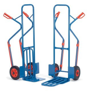 Fetra Paketkarren 300 kg, Höhe 1300 mm, mit Stahlblech- und Klappschaufel und Kunststoffgleitkufen