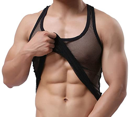 Camiseta de tirantes para hombre, camiseta de rejilla sin mangas, camiseta de luchador Negro XL