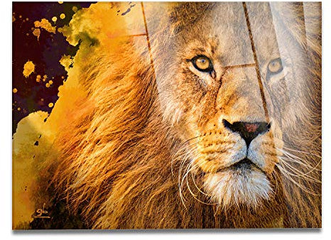 Giallobus - Cadre déjà encadré - Impression sur Verre Acrylique plexiglas - Lion Aquarelle - Tableaux Modernes pour Meubles de Maison - Vari formati XXL - 140x100 cm