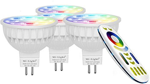 lighteu®, 4x 4W 12V GU5.3 MR16 RGB + CCT LED-Strahler Farbwechsel und CCT WW CW Temperatur einstellbar, original Mi-Light, Glühlampe mit 4-Zonen-Fernbedienung (4x FUT104 + FUT092)