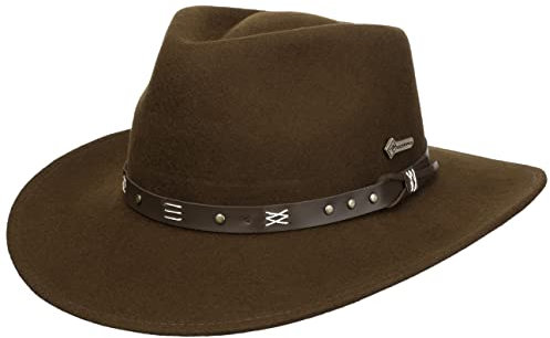 SCIPPIS Emerald – Wollfilzhut für Damen & Herren, wasserabweisend & knautschbar, Leder-Hutband mit Ziernähten, Outback/Traveller Form, braun, L