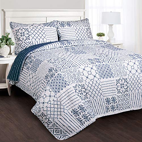 Lush Decor Monique 3 Piece Reversible Print Pattern Blue Quilt Set King