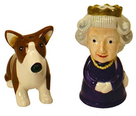 British Queen Elizabeth II and Corgi Dog Salt and Pepper Shaker Pots Set of 2