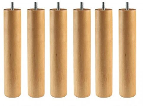 Pack 6 pieds cylindriques de bois massif pour sommier ou base Tapizada avec filetage. Hauteur 25 cm couleur hêtre. Avec l'antiruido.