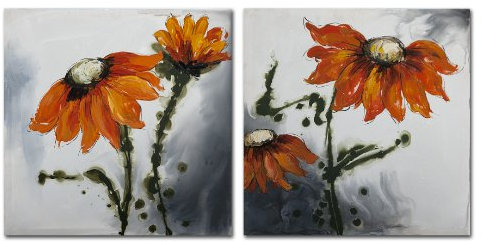 Ölbild Flowers auf Leinwand, Wandbild Blumen Bild 50x50cm, 2er Set