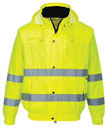 Portwest S161Y Hi-Vis Rain Lite Bomber Jacket Multi Pocket Machine Washable | Yellow, Large, UPF 40+, Tailored Fit, Contrast Fleece Collar, Side Access Openings, Pack Away Hood, Storm Flap Front