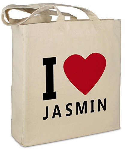 Stofftasche mit Namen Jasmin - Motiv I Love - Farbe beige - Stoffbeutel, Jutebeutel, Einkaufstasche, Beutel