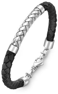 Hoxton London Men's Sterling Silver Herringbone Leather Bracelet 22 cm/8.75-inch