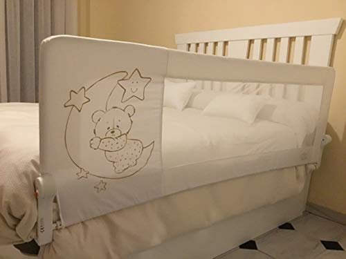Barrera Seguridad Niños Cama 150 x 66 cm - Seguridad y Comodidad, Alta y Robusta - Barrera Cama Niños Abatible - Barandilla Cama Niño Modelo Osito y Luna Beige