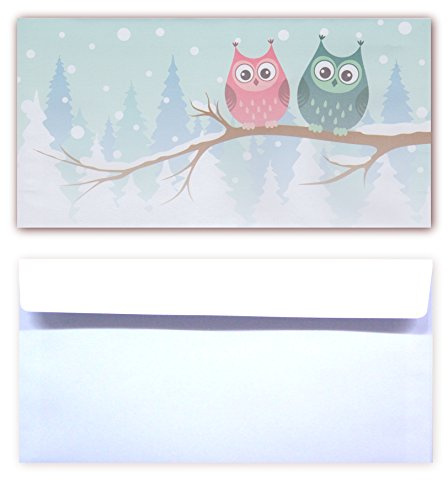 50 Stück Premium Briefumschläge (UMS-5138) DIN lang (110 X 220mm) Eulen im Winter im Schnee auf Ast sitzend grün weiss rote Briefhüllen Kuvert, ohne Fenster, haftklebend, 80g/m²