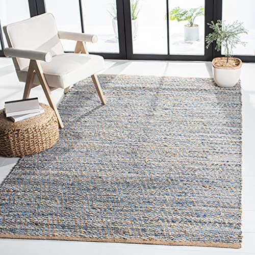 SAFAVIEH Cape Cod Collection Area Rug - 5' x 8', Natural & Blue, Handmade Flat Weave Coastal Braided Jute, Ideal for High Traffic Areas in Living Room, Bedroom (CAP350A)