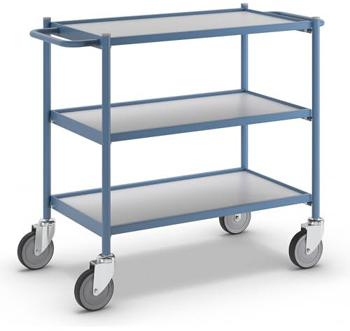 eurokraft | Tischwagen | Tragfähigkeit 150 kg | mit Schiebegriff | 3 Etagen | 4 Lenkrollen