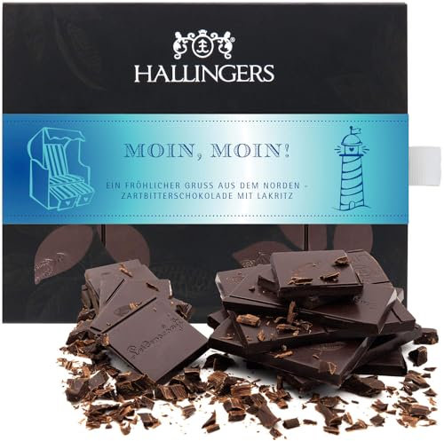 Hallingers Moin, Moin! - Vegane Schokolade Zartbitter-Edelkakao mit Lakritze - handgemacht, alkoholfrei (Box) - Geschenkideen Weihnachten & Geschenke Adventskalender | Geburtstag Glückwunsch Jahrestag