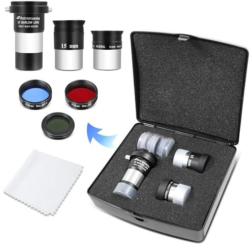Astromania Teleskop Okular-Set Zubehör-Kit für Anfänger, voll beschichtetes 6 mm Plossl 15 mm Kellner Okular Barlowlinse 2X mit T-Gewinde, Mondfilter 25 & 82 A Teleskopfilter und stabiler Tragetasche