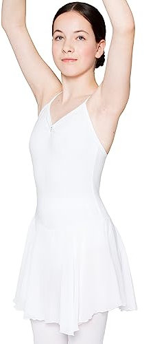 tanzmuster Kinder Ballettkleid Maja - süßer Spaghetti-Träger Ballettbody mit Chiffon Röckchen und Glitzersteinen in weiß, Größe:92/98
