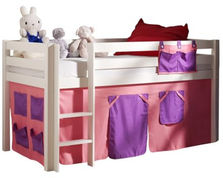 VIPACK PICOHSZG1474 Spielbett Pino mit Textilset Bella, Maße 210 x 114 x 106 cm, Liegefläche 90 x 200 cm, Kiefer massiv weiß lackiert