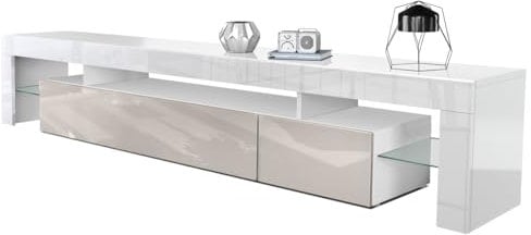 Vladon Lowboard Lima V2, Made in Germany, TV-Kommode mit 2 Klappen, 1 offenem Fach und 2 Glasablagen, Weiß Hochglanz/Sandgrau Hochglanz (189 x 38 x 35 cm)