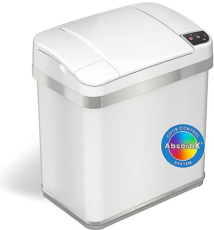 iTouchless, Cubo de basura automático con sensor, 9.5 L, con filtro para olores, acero inoxidable, óptimo para oficina y baño, color blanco perla