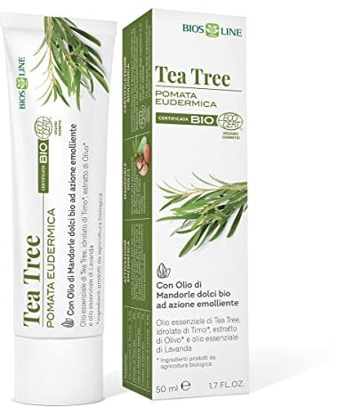 BIOS LINE Pomata Eudermica Bio Tea Tree, Pomata Lenitiva, In Caso di Sensazione di Fastidio e Prurito Cutaneo, Con Olio di Mandorle Dolci, 50 ml