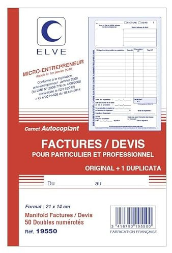 ELVE Lot de 10 Manifolds AUTO-ENTREPRENEUR Facture/Devis 21 x 14 cm Vertical 50 dupli
