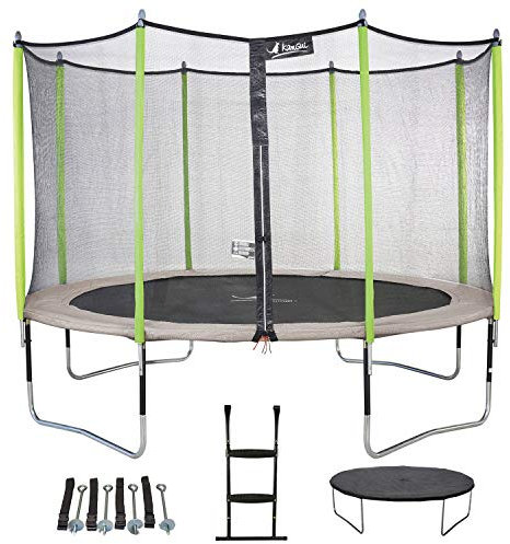 Kangui - Trampoline JUMPI ZEN + filet + échelle PVC + couverture de propreté + kit d'ancrage - Beige et vert - Ø250cm - 300cm - 360cm - 430cm
