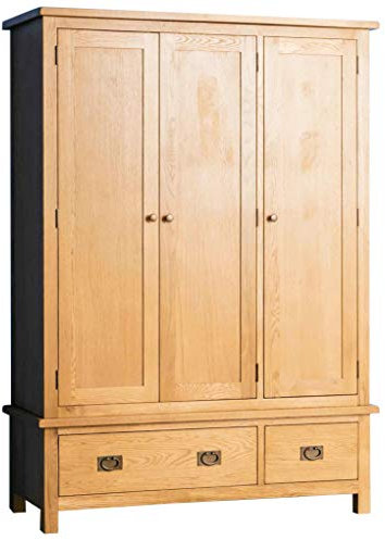 RoselandFurniture Surrey Oak Large Triple Wardrobe with Drawers | Traditional Rustic Waxed Solid Wood 3 Door Wardrobe Storage Unit for Bedroom with Hanging Rail