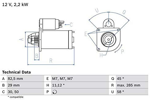 BOSCH 0 986 010 600 Motor Starter/Anlasser 12V 2,2kW 12-Zähnezahl 11-Zähnezahl im Uhrzeigersinn Kompatibel mit PEUGEOT J5 Pritsche/Fahrgestell 280L 1060 5802L5 5802P7