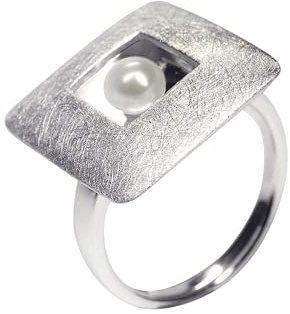 SILBERMOOS Damen Ring Damenring Platte quadratisch mit Perle gebürstet Sterling Silber 925