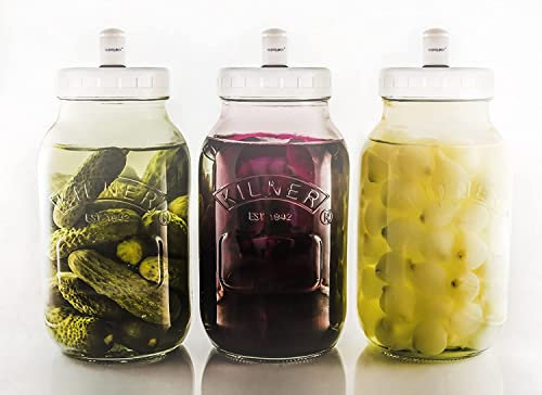 Kilner 3 x 1 Litre Food Fermentation Jars with Compatible Sterilock® Airlocks Releasing CO2 Whilst Preventing Bacteria from Getting In. Simple Style, Fermentation Jar, 240mm x 102mm x 204mm