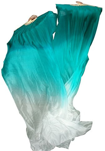 Winged Sirenny Belly Dance Silk Fan Veil Adjustable, 70(180 cm) Worship Praise Flag Streamer (peacock blue fading)