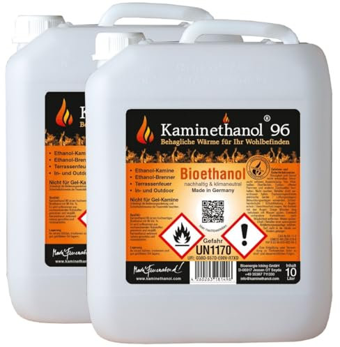 Kaminethanol Icking 20 Liter Bioethanol 96,6% (2 x 10 L) Premium Qualität - direkt vom Hersteller für Ethanol Kamine, Alkohol-Brenner, Terrasenfeuer, Raumfeuer und Gartenfackeln