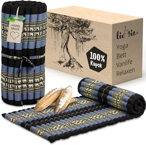 livasia Rollmatte Rollmatratze M schmal Einzelbett - 200x75x4,5cm - Gästebett Gästematratze 1 Person mit Muster, Reisebett Kofferraum Outdoor, Thaimatte Kapok Garten handgefertigt (Blau/Elefanten)