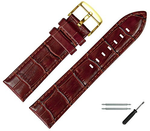 MARBURGER Uhrenarmband 22mm Leder Braun Gold Alligator Prägung Mit Naht - Montage Set 7892232000220