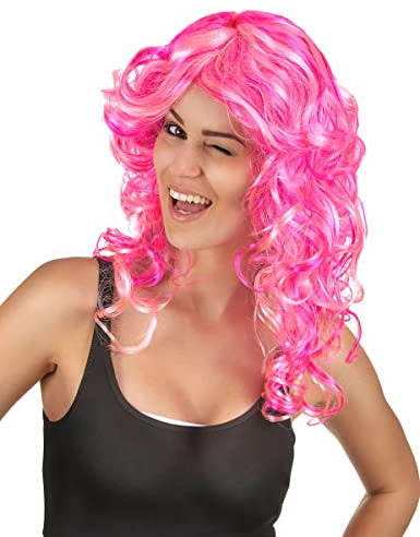 Rosa Perücke mit Locken für die Dame - Neon
