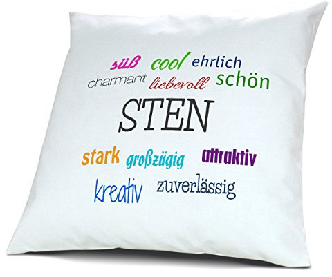 digital print Kopfkissen mit Namen Sten - Motiv Positive Eigenschaften, 40 cm, 100% Baumwolle, Kuschelkissen, Liebeskissen, Namenskissen, Geschenkidee, Deko