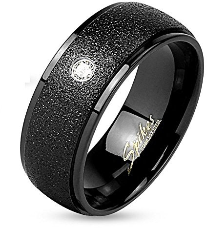Bungsa 52 (16.6) Schwarzer Ring mit sandgestrahltem Mittelteil und Kristallstein (Edelstahl Damen Herren Fingerring Partnerringe Verlobungsringe Trauringe Damenring Edelstahlring Chirurgenstahl)