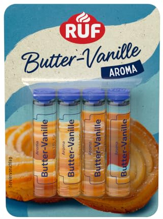 RUF Backaroma Butter-Vanille, 4 Fläschchen Vanille-Aroma für Plätzchen, Torten, Waffeln, tröpfchenweise dosierbar, glutenfrei & vegan, 4 x 2 g