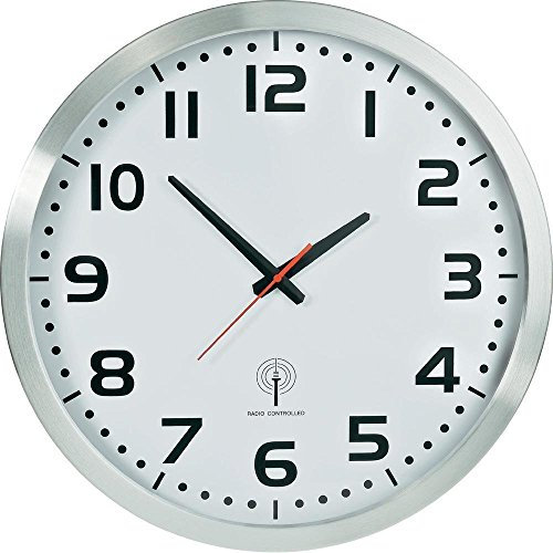 Eurotime Funkwanduhr, 50 cm, Silber, Aluminium, Echtglas, klares 12-Zahlen-Zifferblatt, automatische Zeitein- und Zeitumstellung, für Wohnbereich oder Büro, wandanliegend, nur für Innen, 56863-07