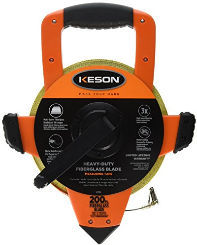 Keson OTRS1810200 Fiberglass Measuring Tape with Double Hook, Speed Rewind (Graduation: ft., in, 1/8 & ft., 1/10, 1/100), 200-Foot