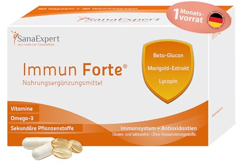 SanaExpert® Immun Forte – Vitamin-Komplex und Mineralien zur Unterstützung des Immunsystems, Omega-3-Fettsäuren, Beta-Glucan, Ringelblumen-Extrakt, Lycopin und Lutein, 90 Kapseln (69 g)