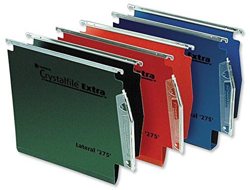 Rexel 275 Lateral Hanging Files with Tabs and Inserts, 15 mm V-base, Polypropylene, Red, Crystalfile Extra, Pack of 25, 70638